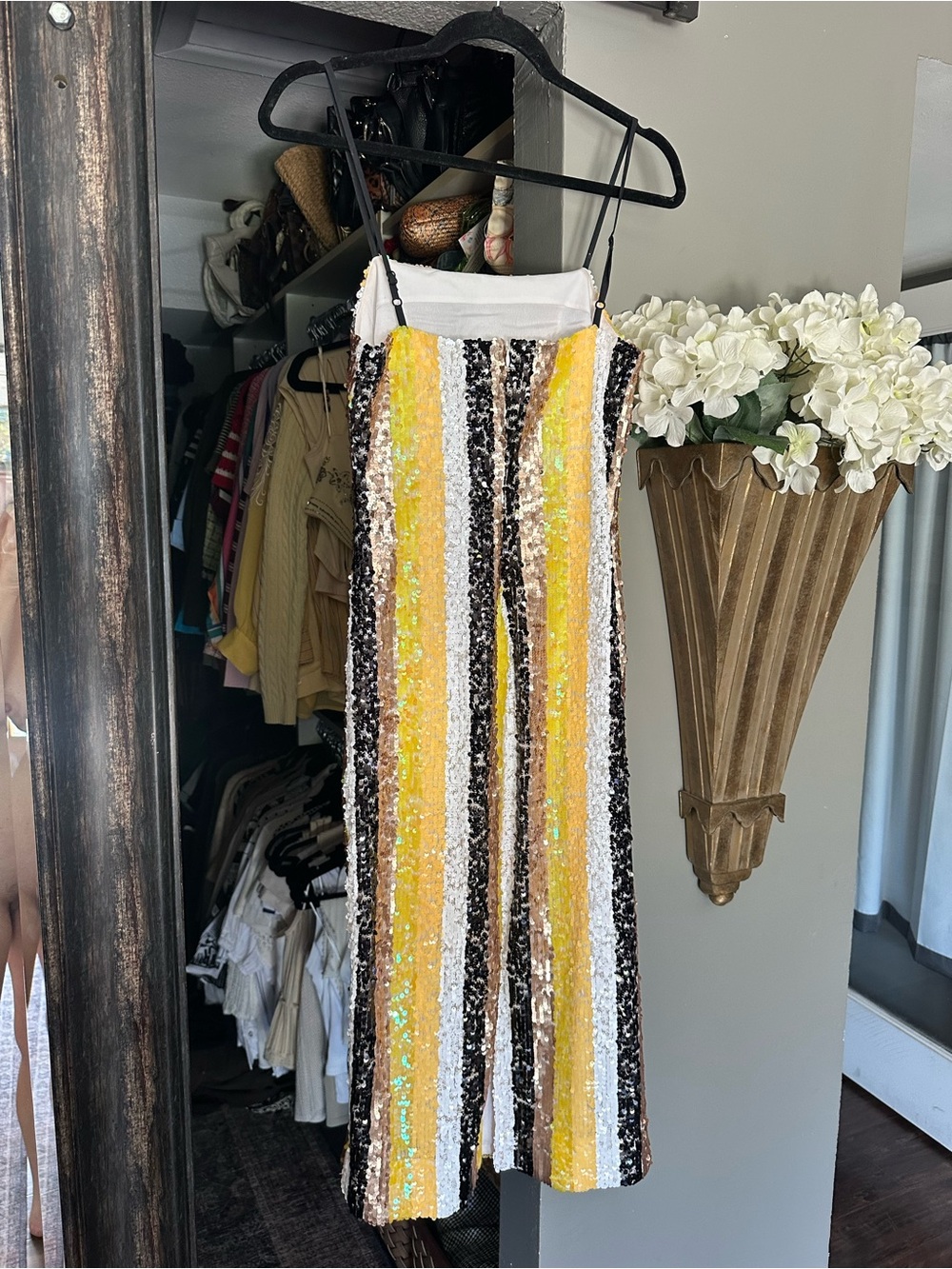 STAUD Yellow, Black, White & Brown Striped Sequin Midi Dress - Picture 3 of 4